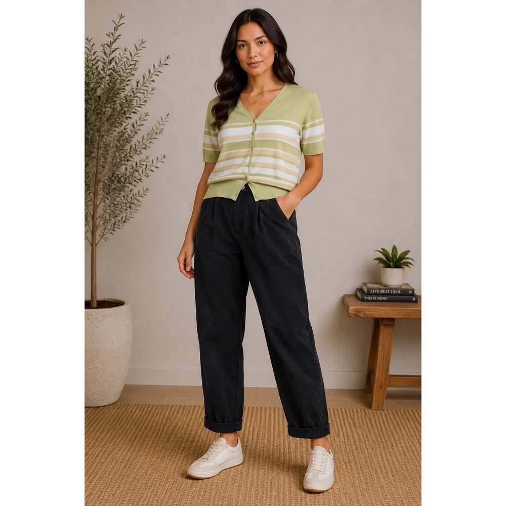 Vintage Y2K Forever Sage Green Fisherman Striped Knit‎ Cardigan Top Women's L